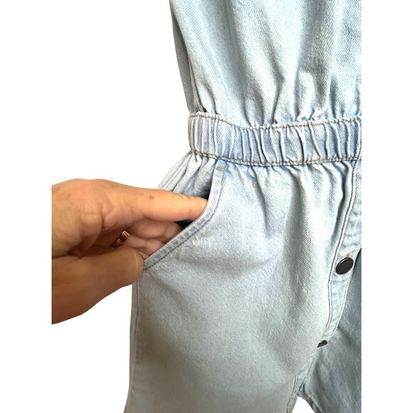 Cotton On Kids Girl Light Blue Denim Dress 6 Snap Buttons Short Sleeve Band Neck - Picture 13 of 16